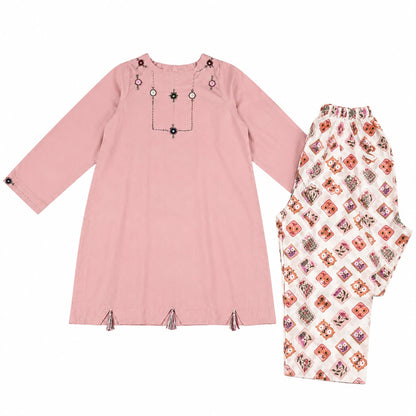 Printed lawn shalwar and plain shirt with handmade embroidery