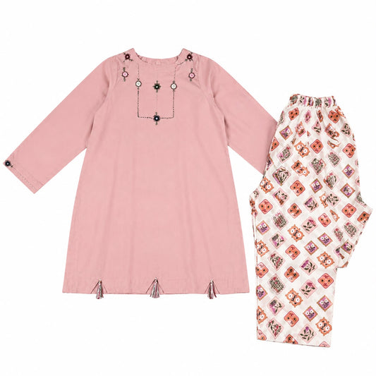 Printed lawn shalwar and plain shirt with handmade embroidery