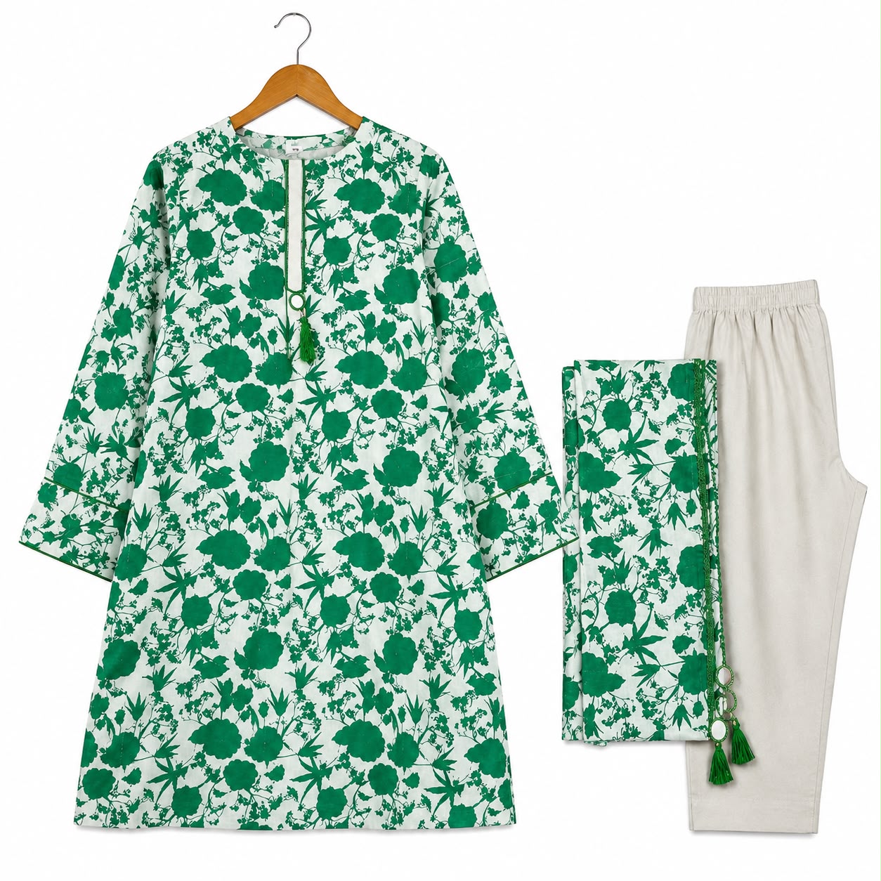 Printed Doria Kameez with Hande made looks Duptta and Plain Trouser