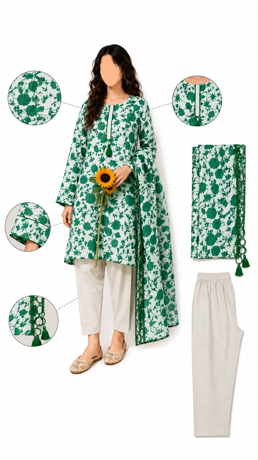Printed Doria Kameez with Hande made looks Duptta and Plain Trouser